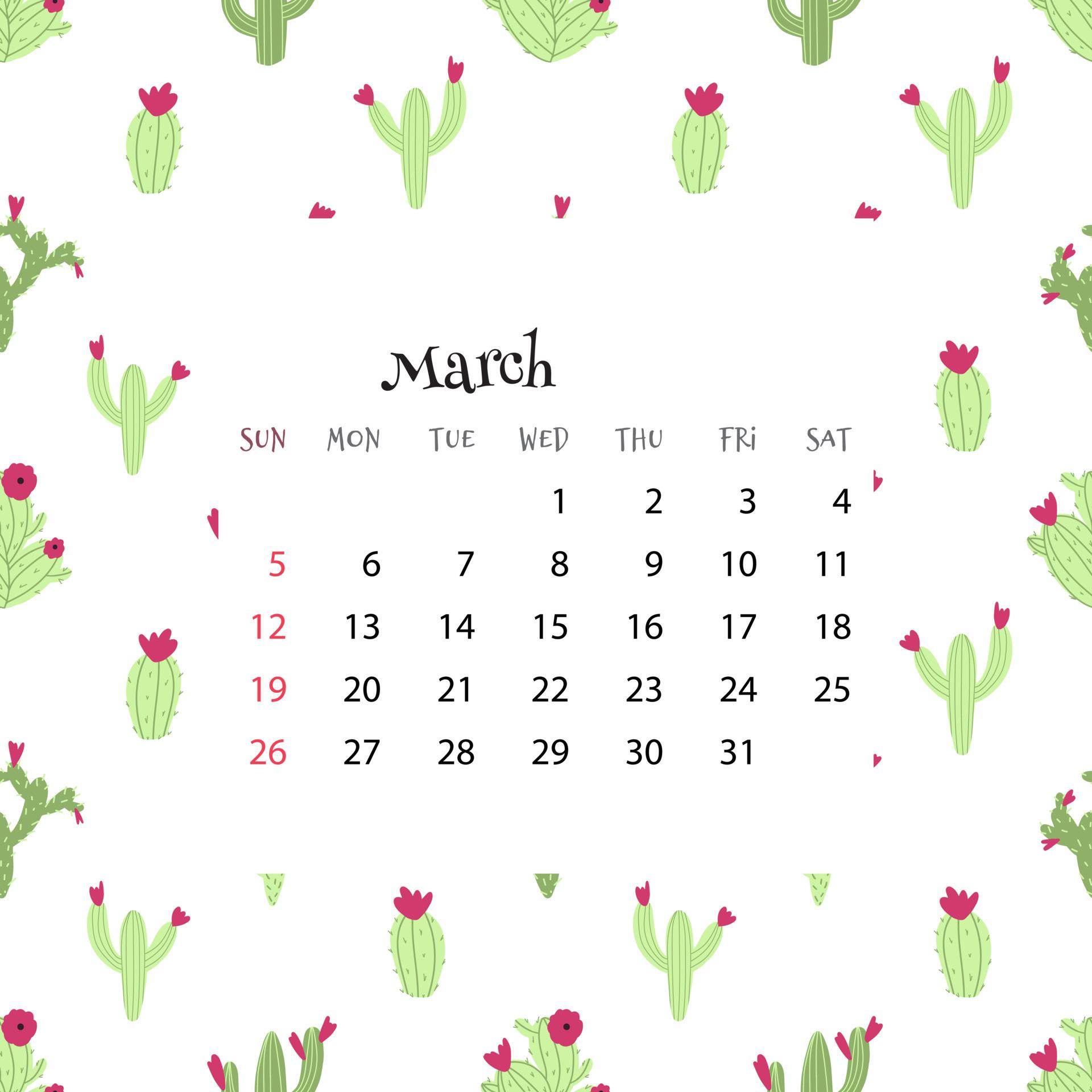 1920x1920 Calendar for March. Vector illustration of month calendar on seamless pattern with cactus in cartoon flat style. Colorful backgroud with month grid