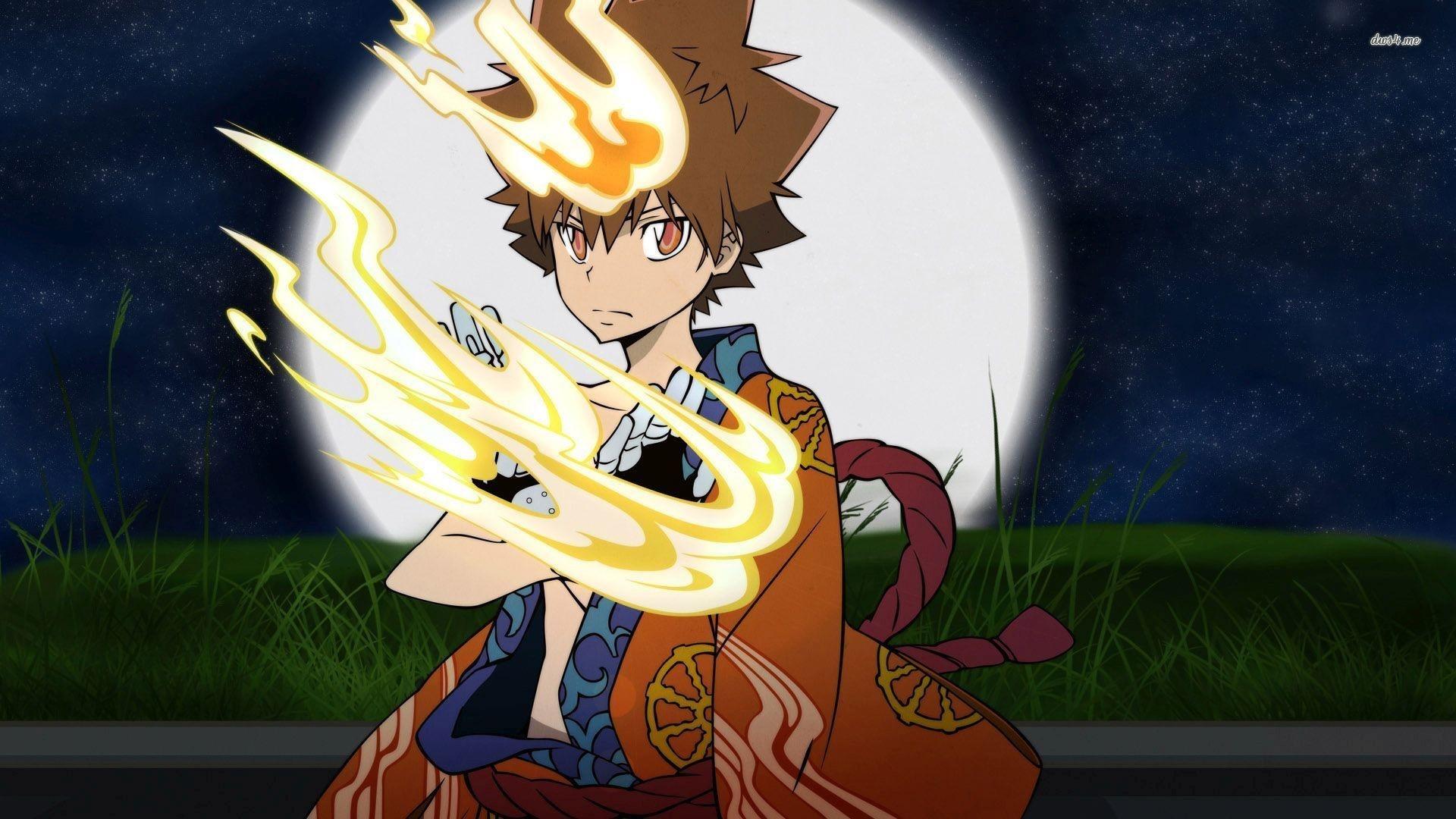 1920x1080 illustration, night, anime, anime boys, sky, Moon, cartoon, kimono, Sawada Tsunayoshi, Katekyo Hitman Reborn, screenshot, computer wallpaper, mangaka Gallery HD Wallpaper