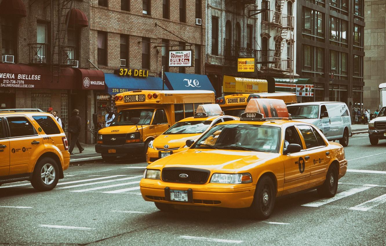 1332x850 Wallpaper Manhattan, NYC, New York City, street, taxi, school bus, Yellow Traffic image for desktop, section город