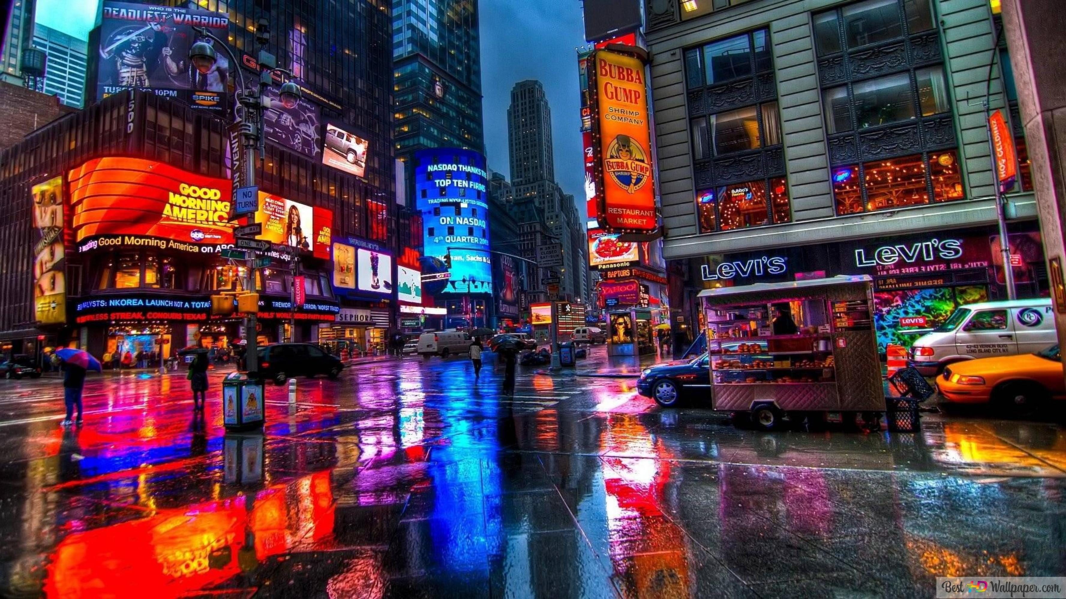 3554x1999 Reflection, manhattan, times square, new york, neon sign 4K wallpaper download