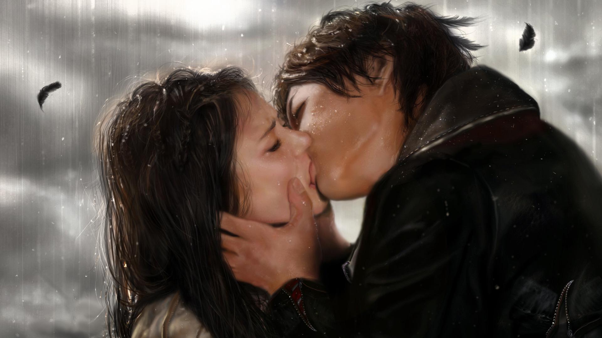 1920x1080 Download wallpaper love, rain, kiss, the series, The Vampire Diaries, Elena, Damon, section films in resolution 1920x1080