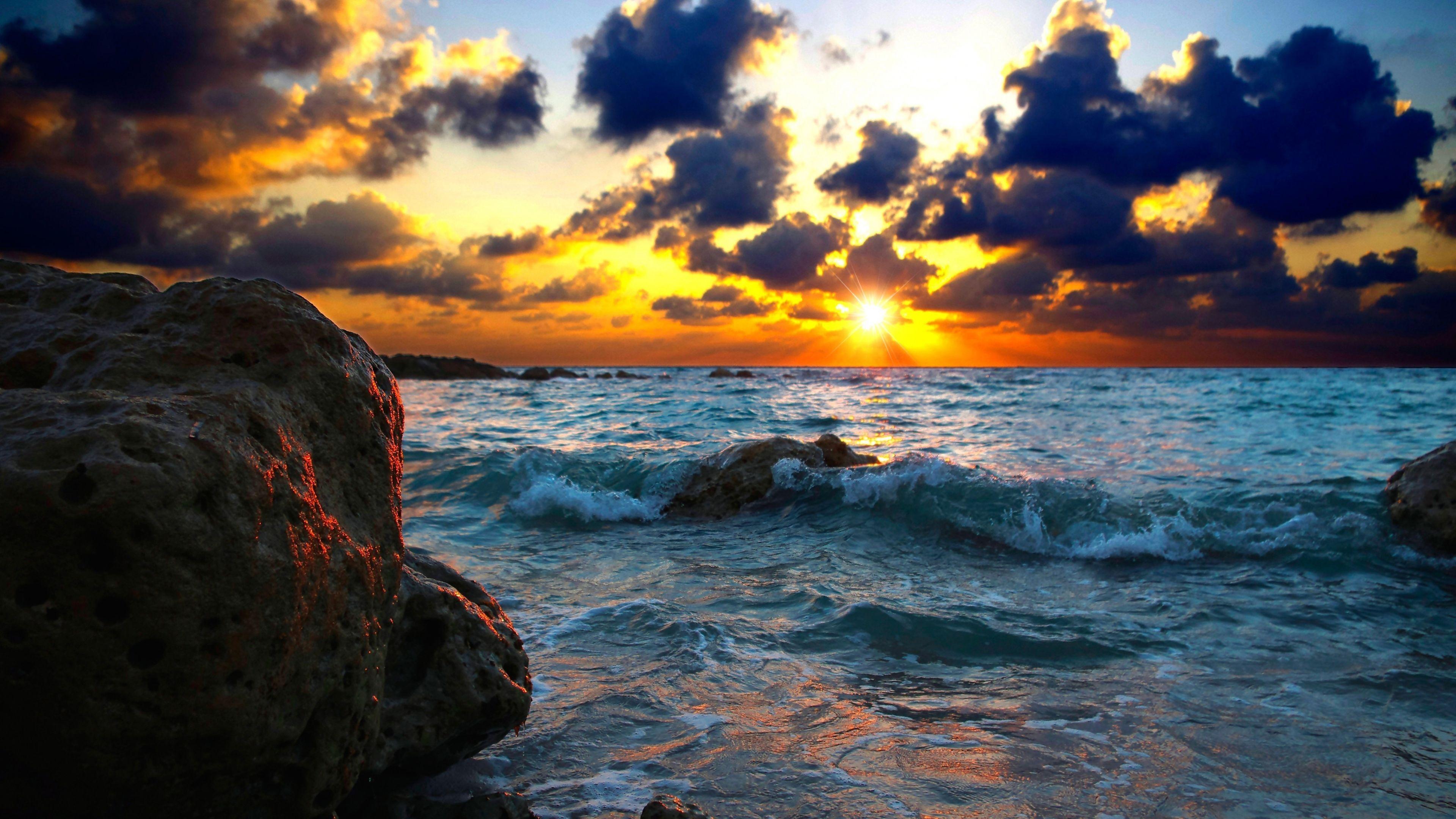 3840x2160 Wallpaper sea, surf, sunset, stones. wallpaper. Nature