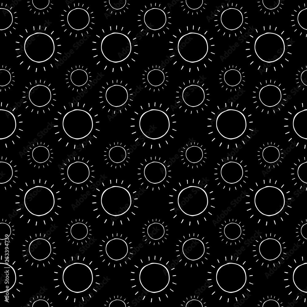 1000x1000 Cute cartoon sun texture with hand drawn sun. Sweet vector black and white sun texture. Seamless monochrome doodle sun texture for textile, wallpaper, wrapping paper, cards and web. Stock Vector