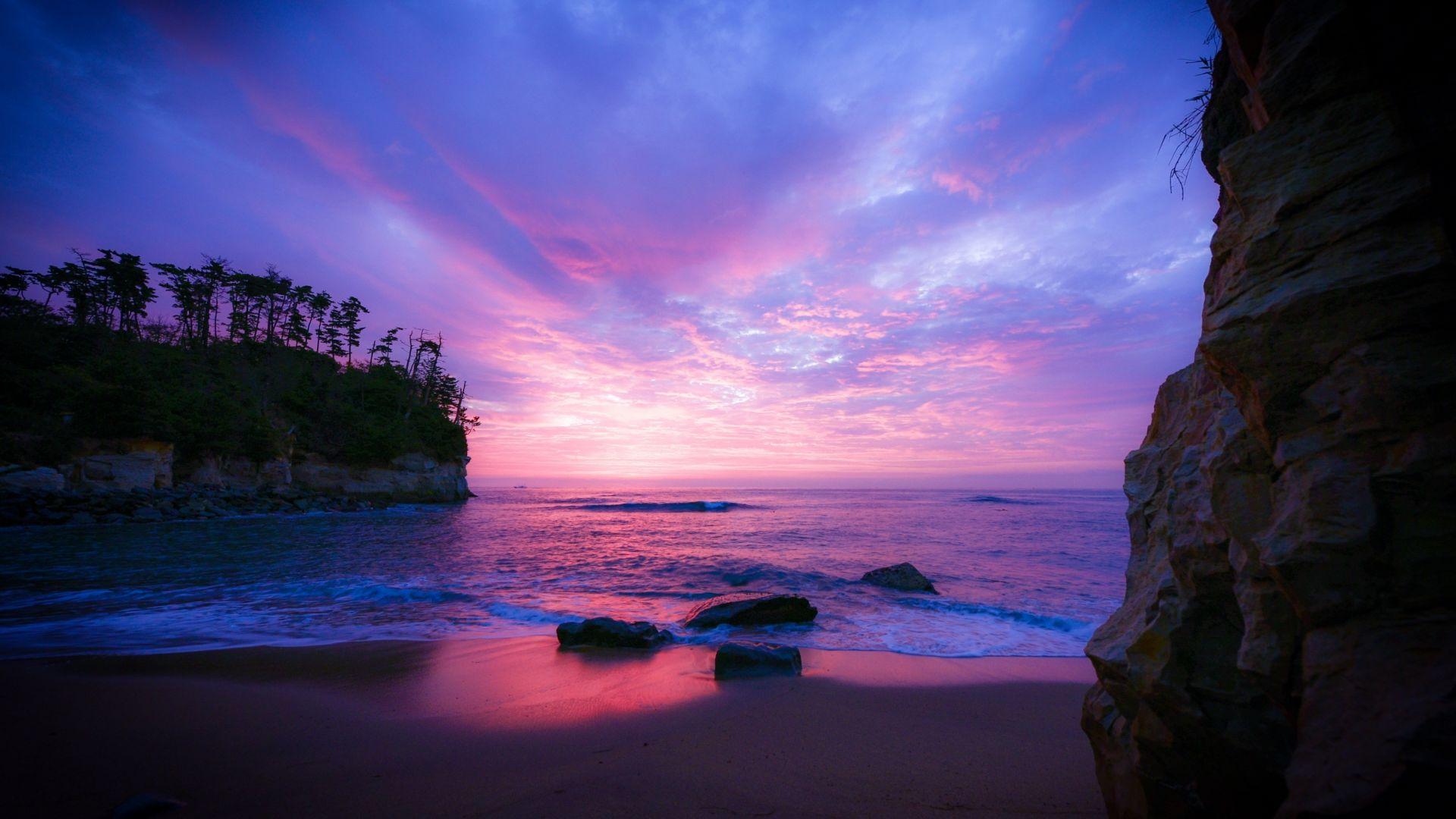 1920x1080 Desktop Wallpaper Purple Sky, Sunset, Nature, Beach, HD Image, Picture, Background, 2xa54v