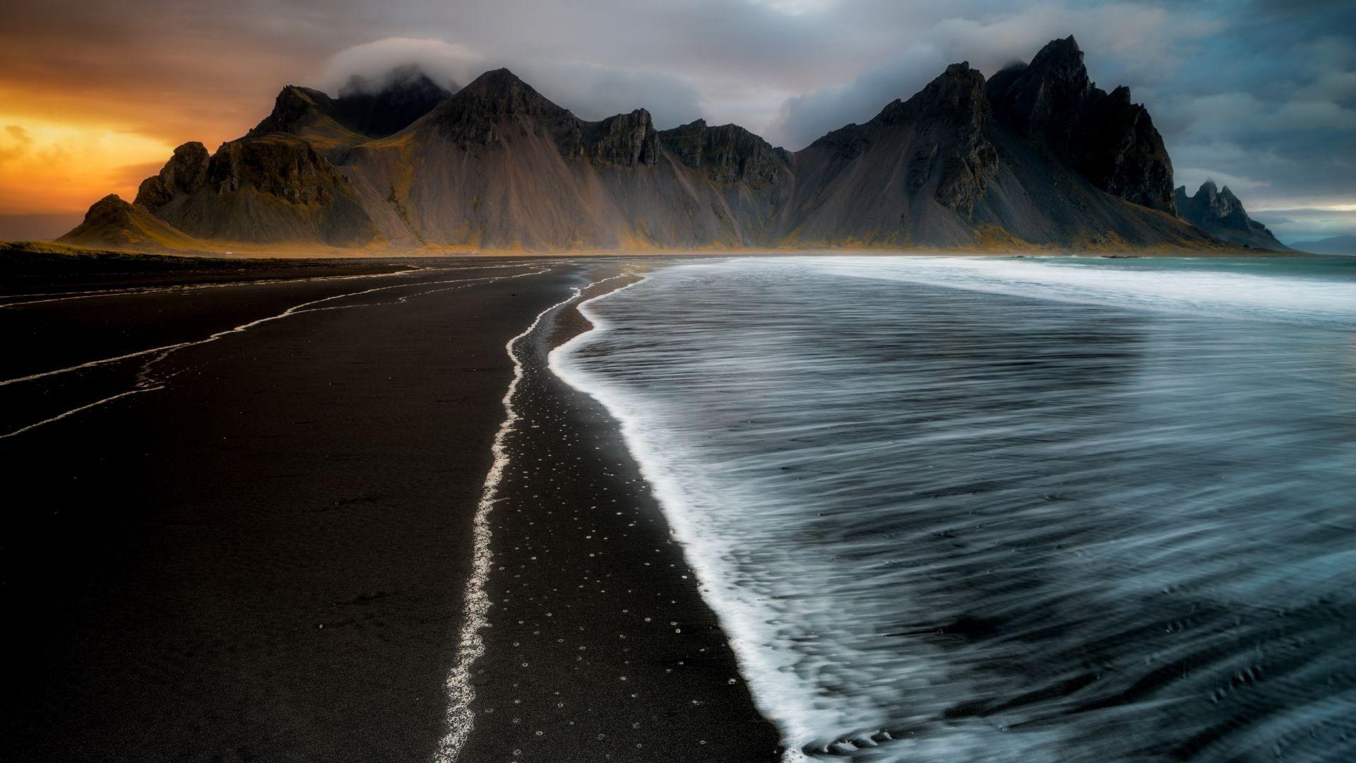 1920x1080 Desktop Wallpaper Dark, Beach, Sea Waves, Mountains, Nature, HD Image, Picture, Background, Cd5e7d