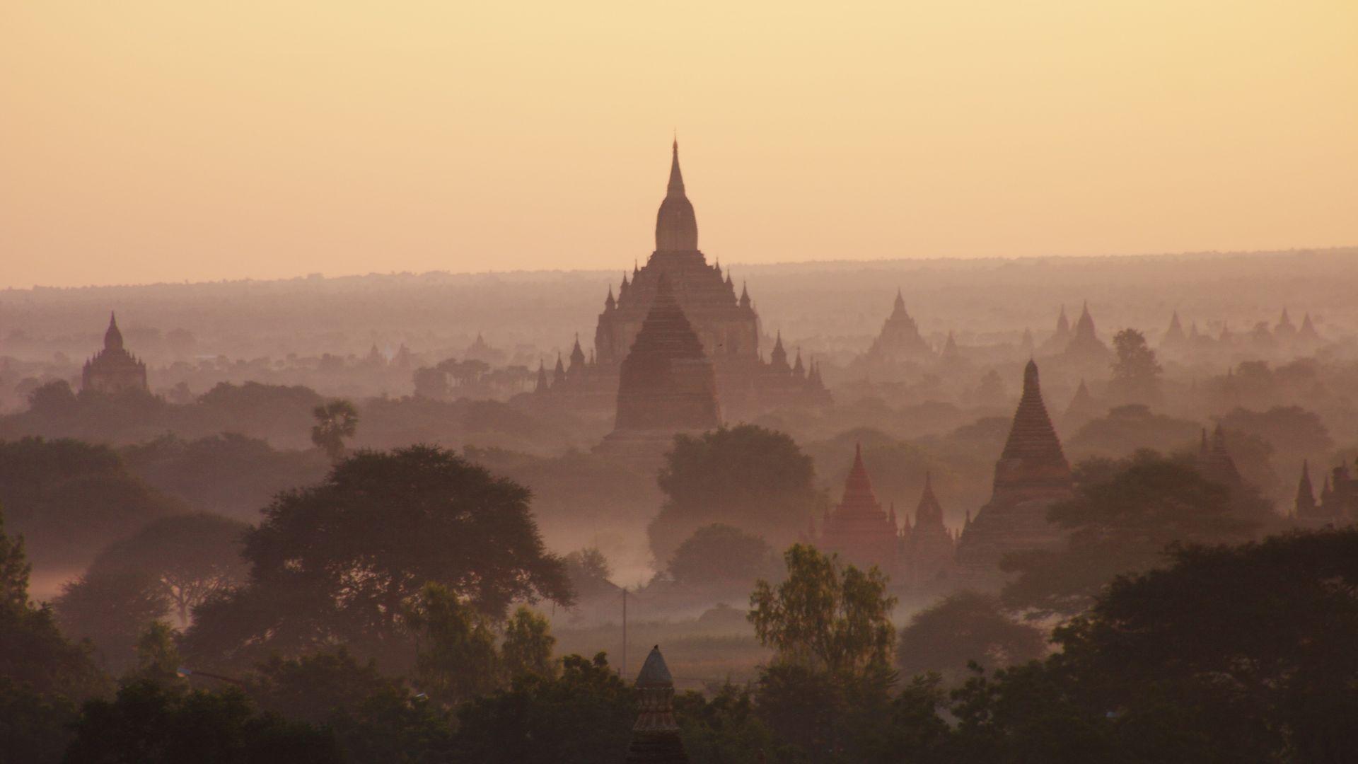 1920x1080 Desktop Wallpaper Temples Of Bagan, Myanmar, Burma, Sunrise. Horizon, Nature, HD Image, Picture, Background, Dlj6n9