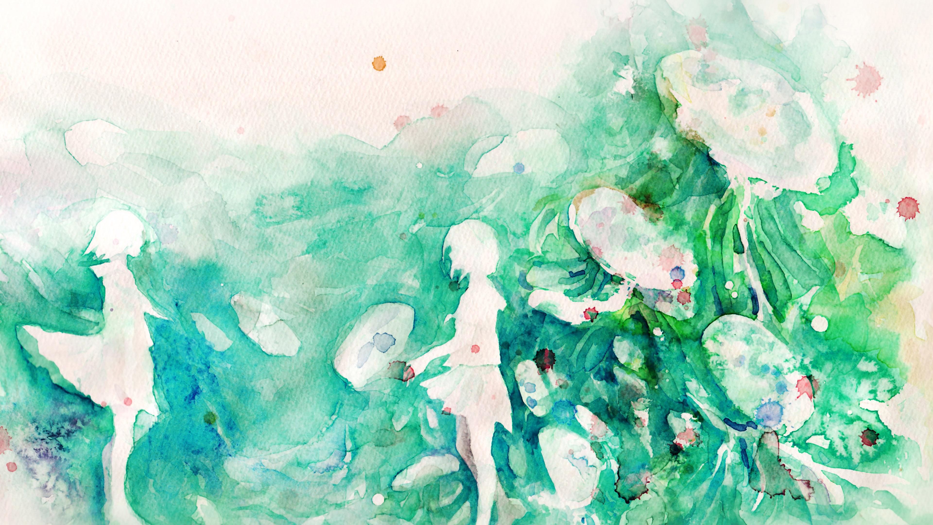 3840x2160 wallpaper for desktop, laptop. watercolor green girl nature art illust