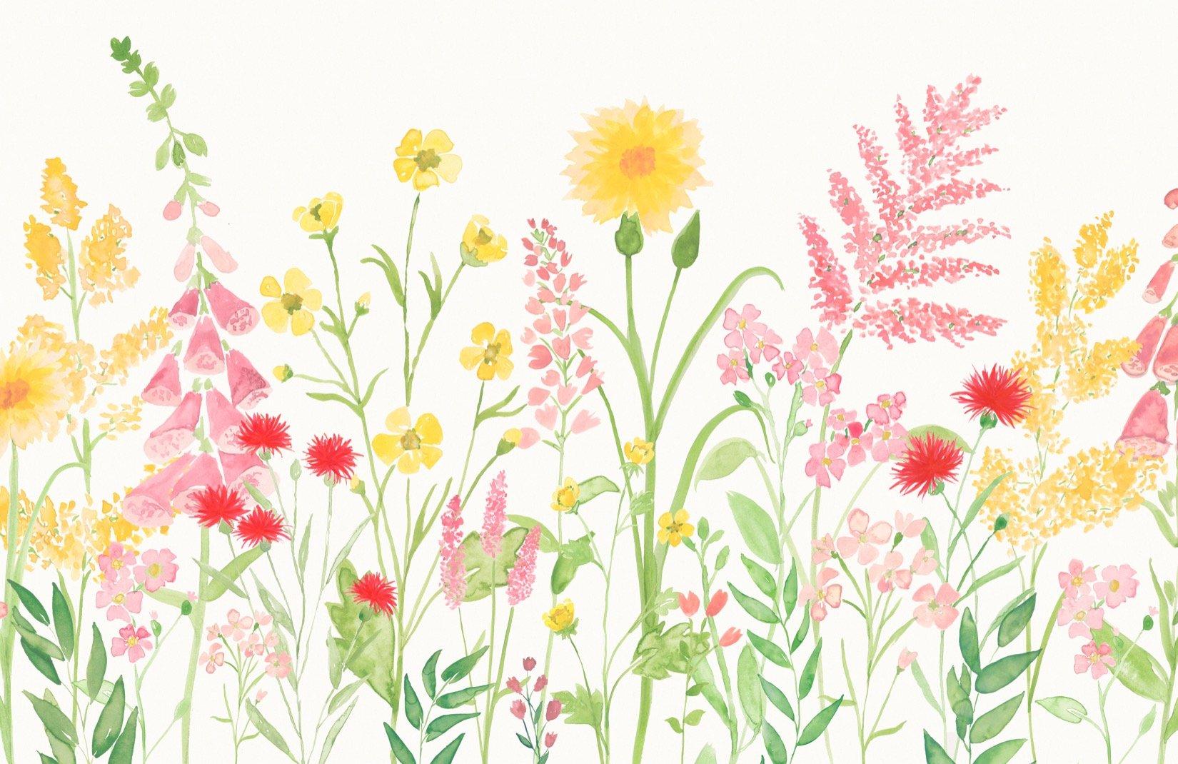 1650x1070 Pink & Green Wildflower Watercolor Wallpaper Mural