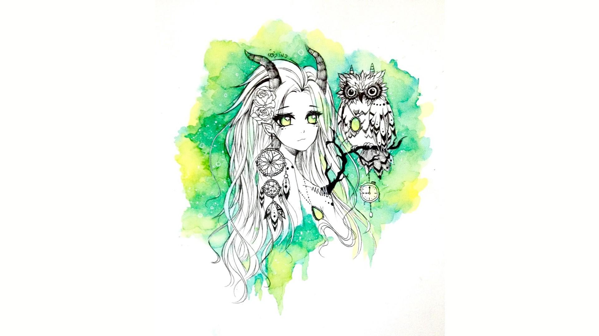 1920x1080 original Characters, Green, Watercolor, Owl Wallpaper HD / Desktop and Mobile Background