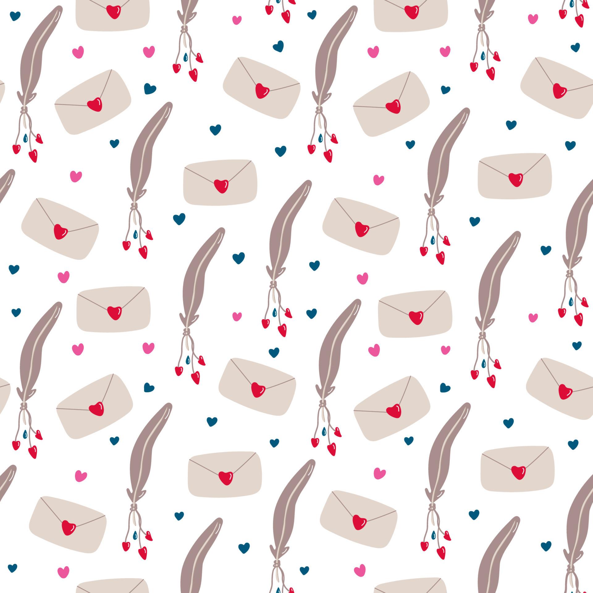 1920x1920 Vintage seamless pattern with love letters, feathers or quills for Valentine's day on white. Great for fabrics, wrapping papers, wallpaper, covers. Pink, red and brown colors