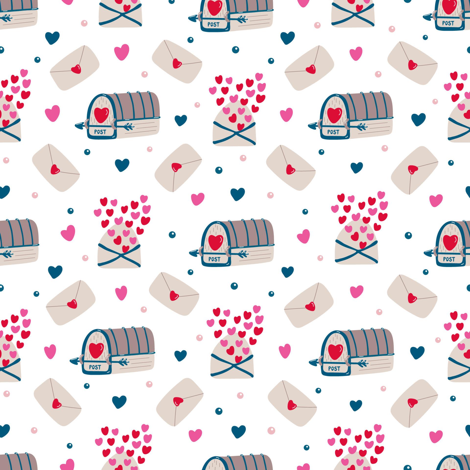 1920x1920 Vintage seamless pattern with mailboxes, love letters and hearts for Valentine's day or wedding on white. Great for fabrics, wrapping papers, wallpaper, covers. Pink, red, brown colors