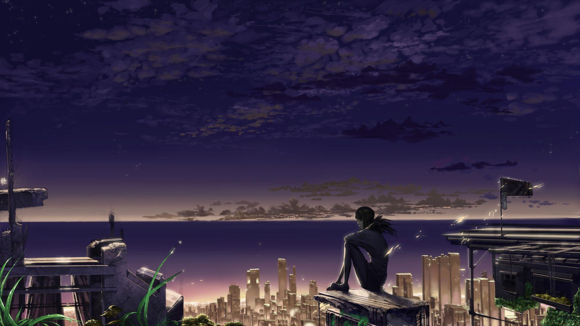 Of City Rooftop Background Night Anime HD phone wallpaper  Pxfuel