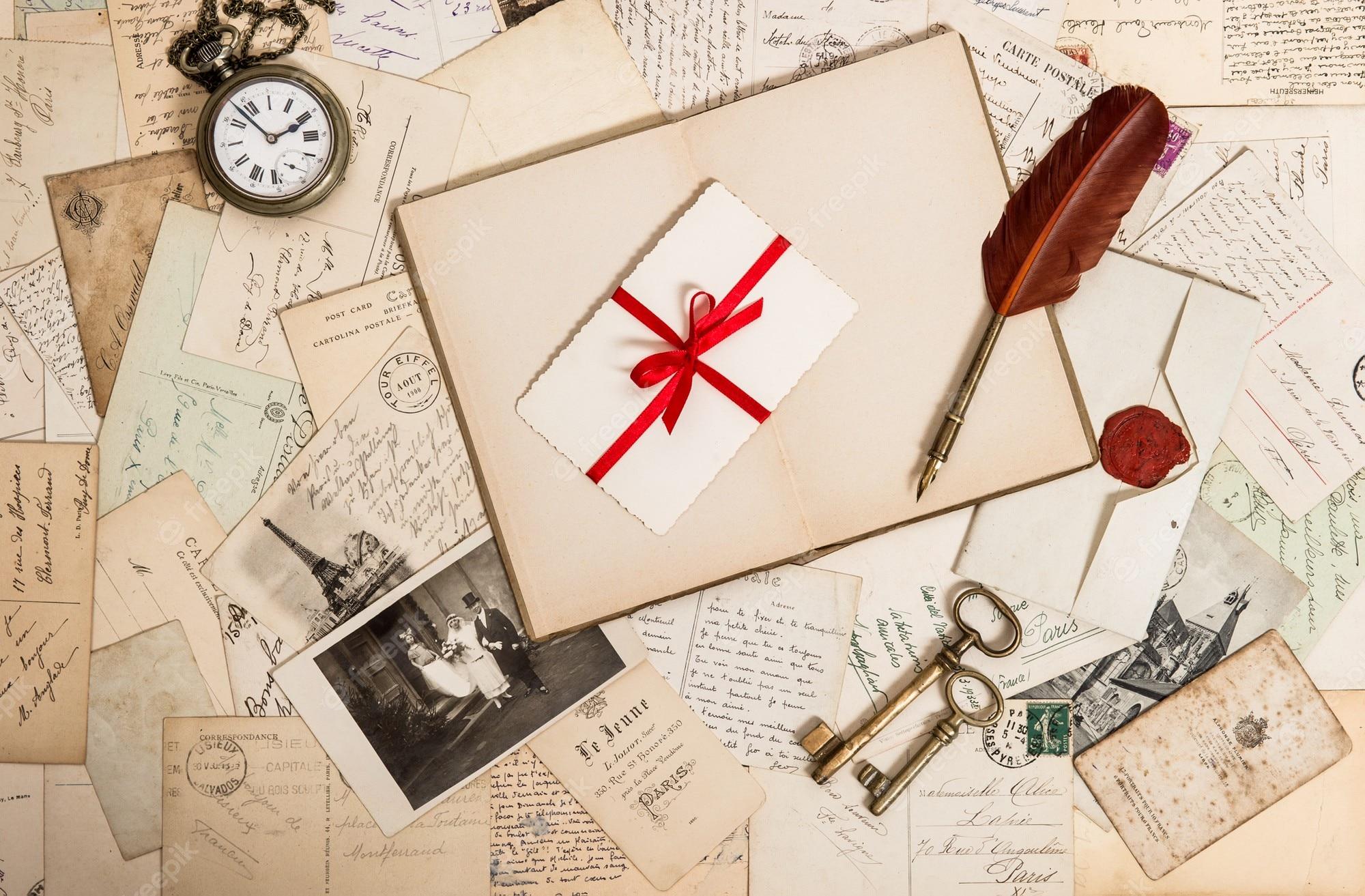 2000x1313 Premium Photo. Nostalgic vintage wedding honeymoon background with old photo, letters, accessories and postcards