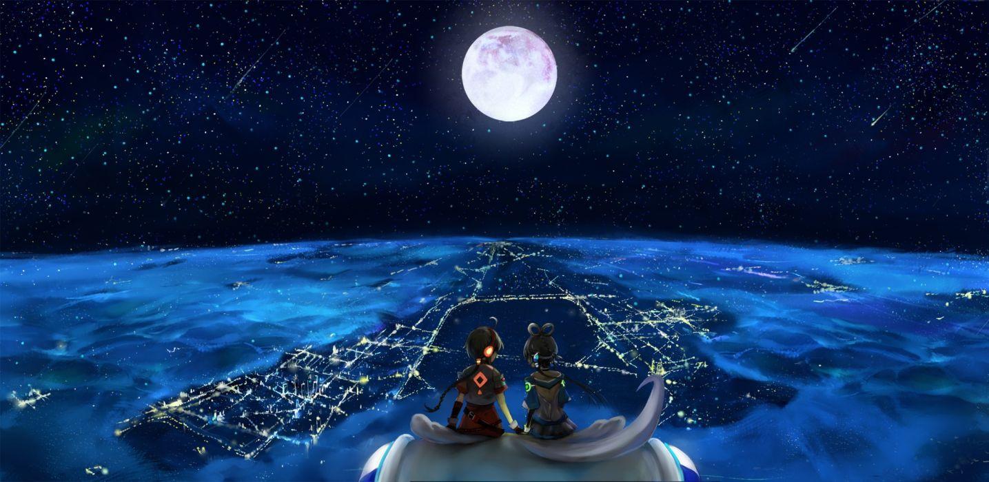 1435x700 Headphones landscapes Vocaloid night stars Moon long hair twintails scenic sitting ponytails ahoge holding hands gray