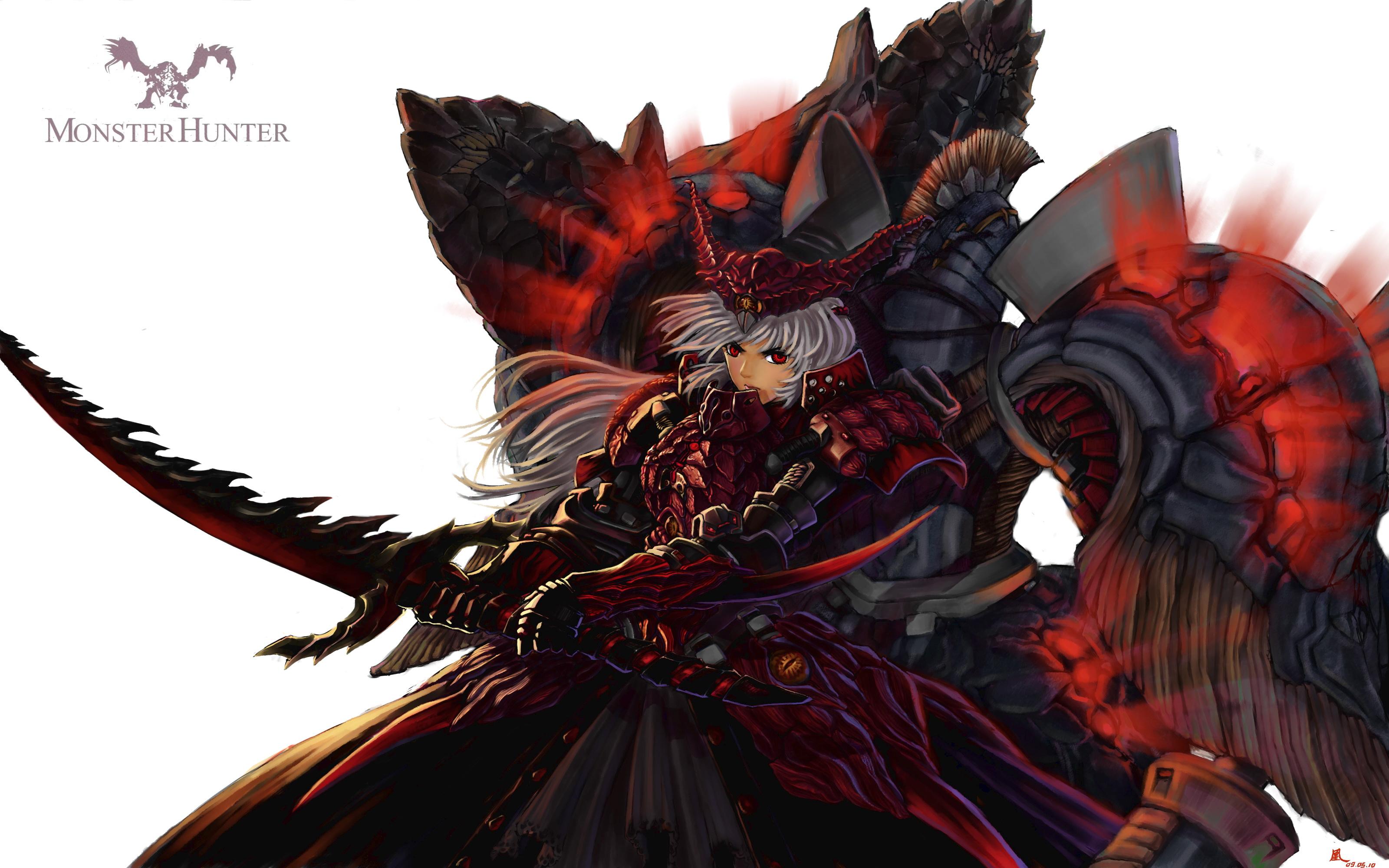 3200x2000 fantasy, Video, Games, Weapons, Monster, Hunter, Armor, Red, Eyes, Artwork, Anime, Girls, Swords Wallpaper HD / Desktop and Mobile Background