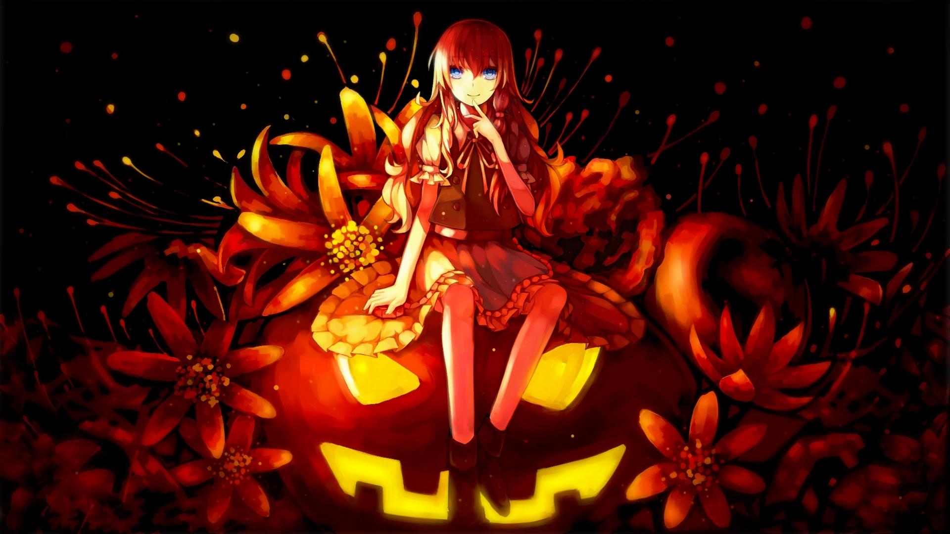 1920x1080 Wallpaper / halloween, pumpkin, orange, girl, anime, manga, black free download