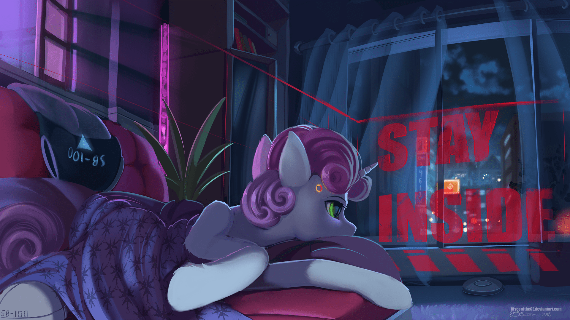 1920x1080 safe, artist:discordthege, sweetie belle, android, pony, robot, robot pony, unicorn, crossover, detroit: become human, digital art, female, gynoid, hooves, horn, older, older sweetie belle, prone, signature, solo, sweetie bot, text