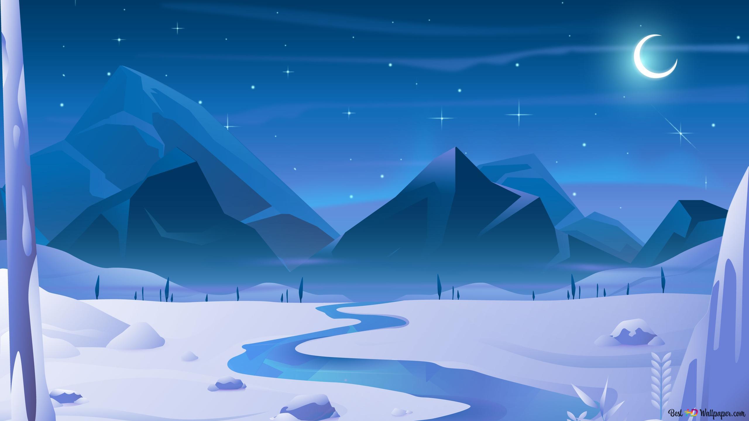 2560x1440 Half moon fantasy landscape of night snowy nature 2K wallpaper download