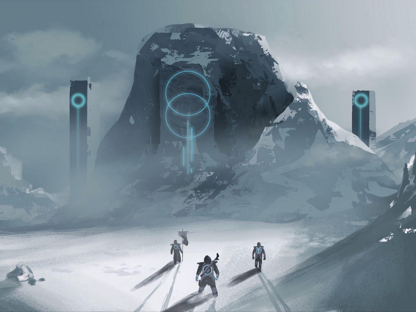 1400x1050 Download wallpaper 1400x1050 wanderers, rock, fantasy, snow, art standard 4:3 HD background