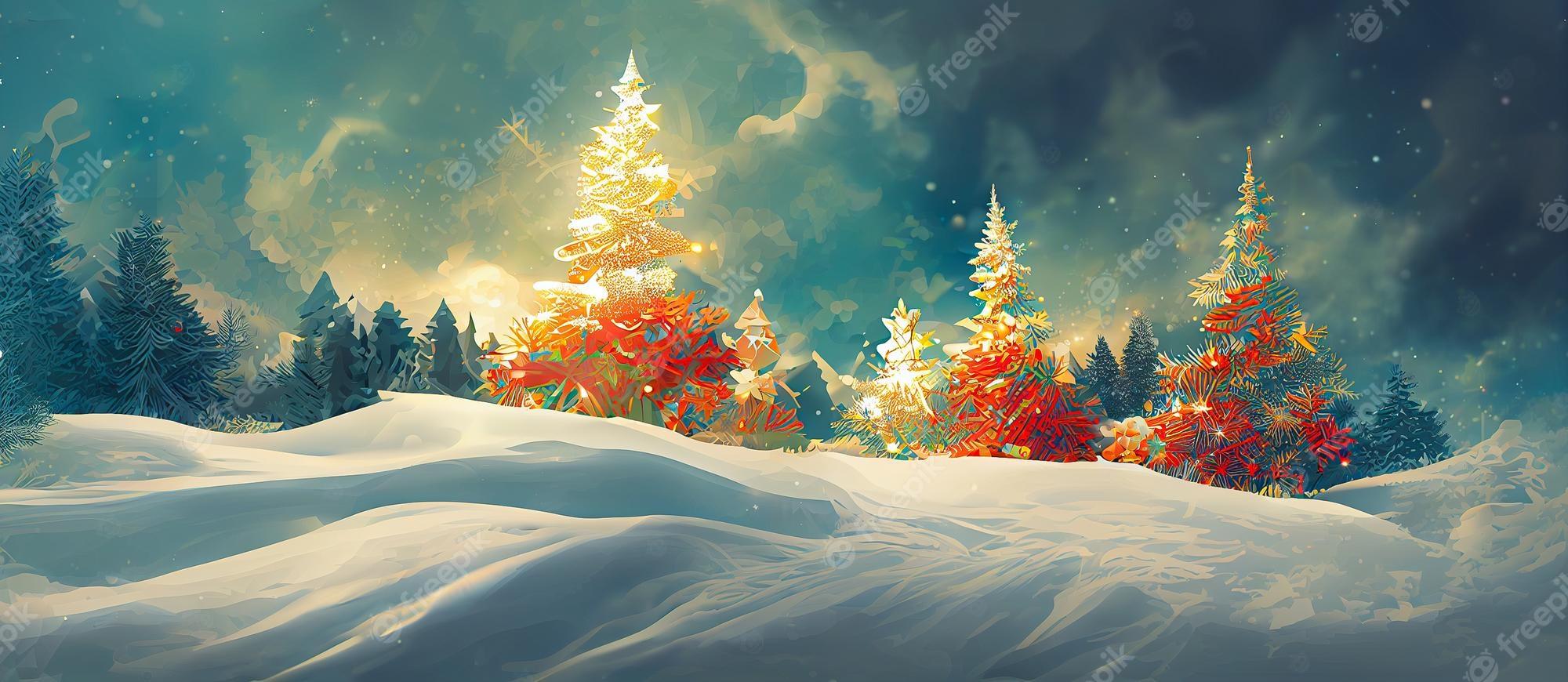 2000x870 Premium Photo. Christmas decorated green spruce trees in winter forest abstract fantasy festive christmas tree background header wallpaper winter abstract landscape sunlight in the winter forest