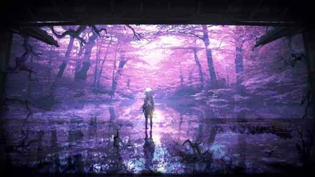 1280x720 Fantasy Purple Forest Pond and Anime Girl 4K Background Desktop Wallpaper