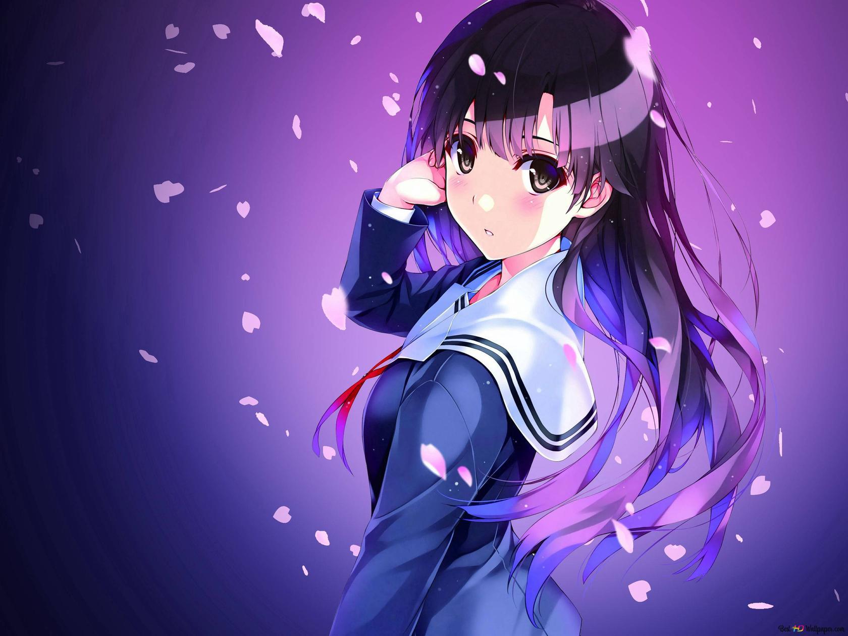 1680x1260 Beautiful anime girl in school uniform in front of purple background 4K wallpaper download