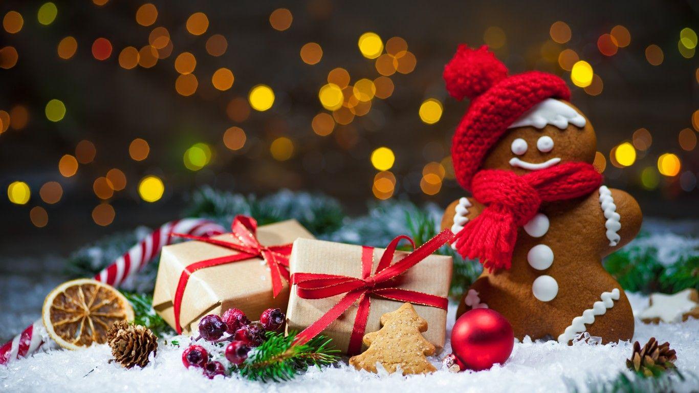 1366x768 Download 1366x768 Christmas Cookie, Bokeh, Gifts Wallpaper