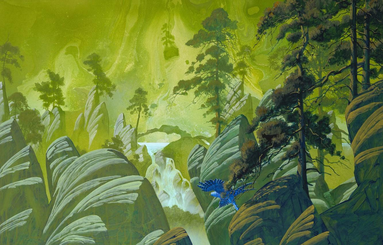 1332x850 Wallpaper trees, flight, stones, fiction, rocks, bird, waterfall, art, pine, Roger Dean image for desktop, section живопись