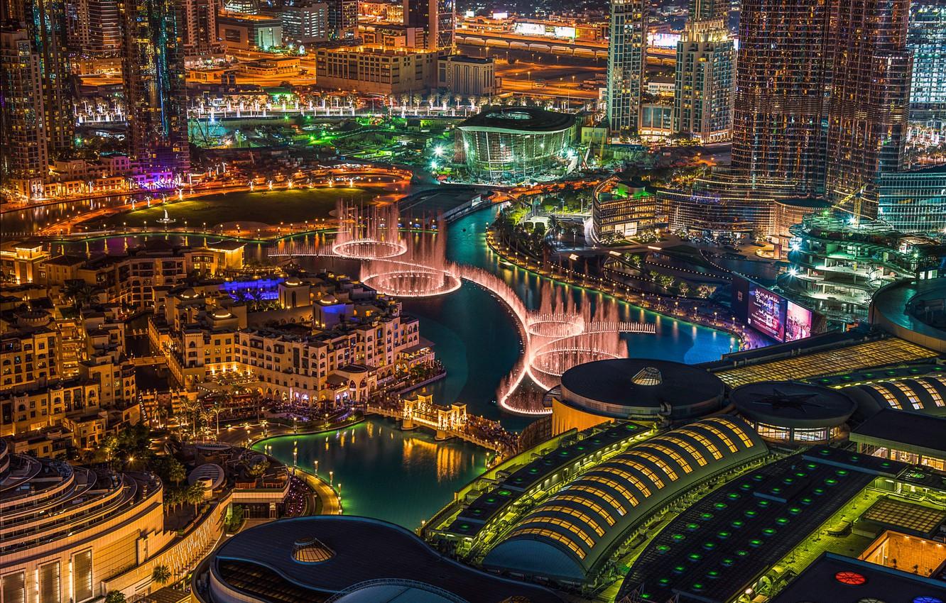1332x850 Wallpaper night, city, the city, lights, lights, beauty, Dubai, fountains, the view from the top, night, beauty, UAE, dubai, fountains, top view image for desktop, section город