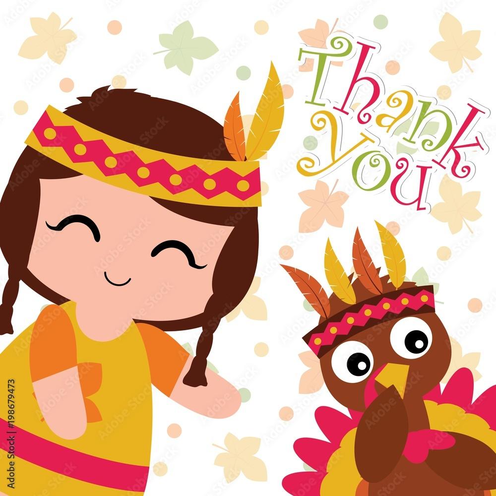 1000x1000 Vector cartoon illustration with cute indian girl and turkey on maple leaves background suitable for happy thanksgiving card design, thanks tag, and printable wallpaper Stock Vector