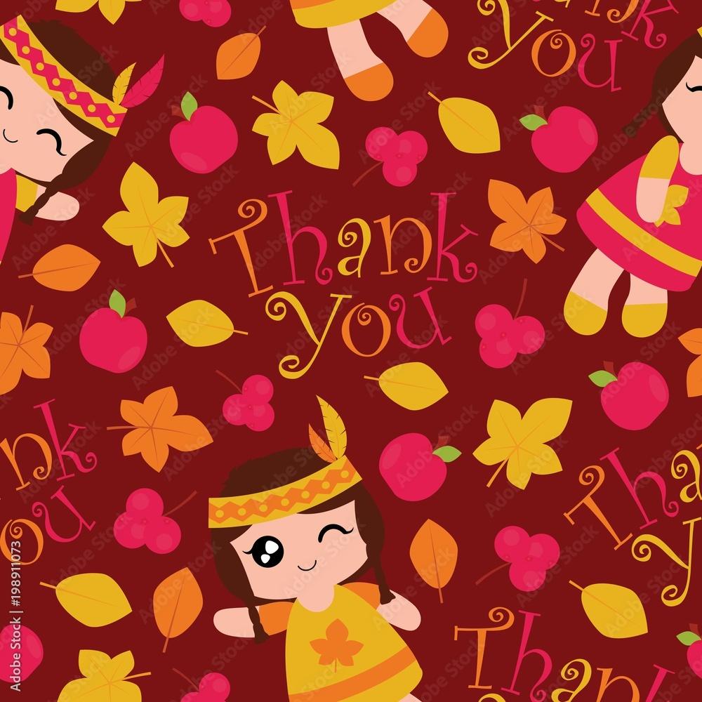 1000x1000 Seamless pattern with cute Indian girls, apples and maple leaves on red background vector cartoon suitable for thanksgiving wallpaper design, scrap paper and kid fabric clothes background Stock Vector
