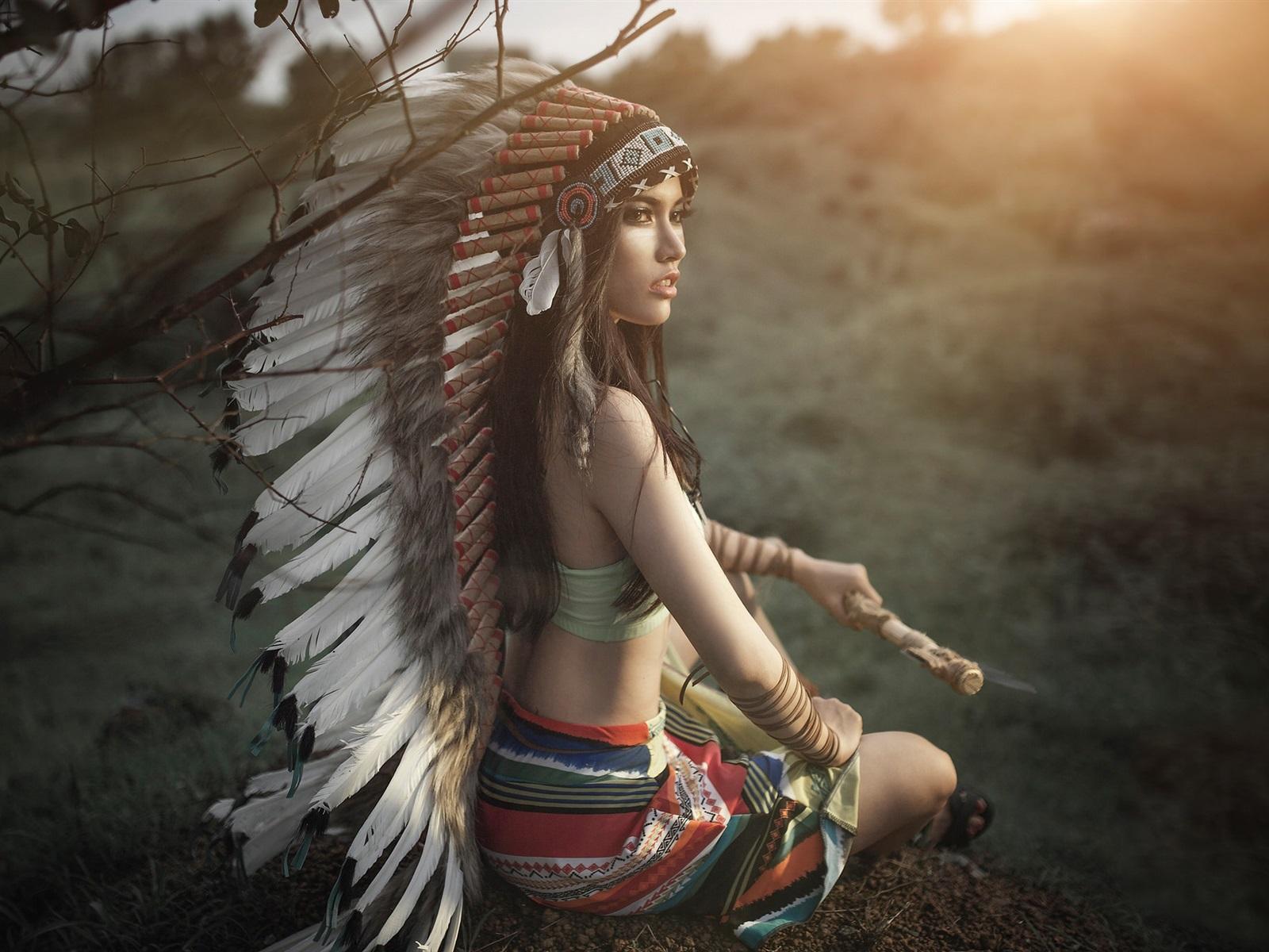 1600x1200 Wallpaper Beautiful Indian style girl, look back, headdress, feathers 1920x1200 HD Picture, Image