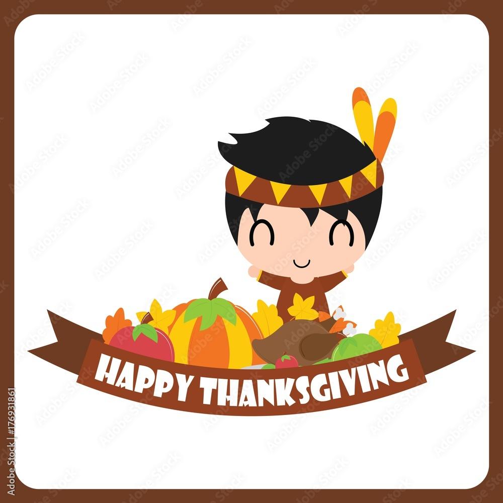 1000x1000 Cute Indian boy, pumpkin, roaed turkey, and apple vector cartoon illustration for thanksgiving's day card design, wallpaper and greeting card Stock Vector
