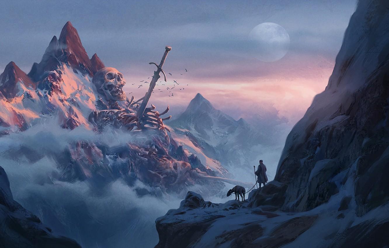 1332x850 Wallpaper sake, moon, sword, fantasy, sky, weapon, mountains, clouds, snow, man, explorer, artwork, bones, fantasy art, mist, skeleton image for desktop, section фантастика