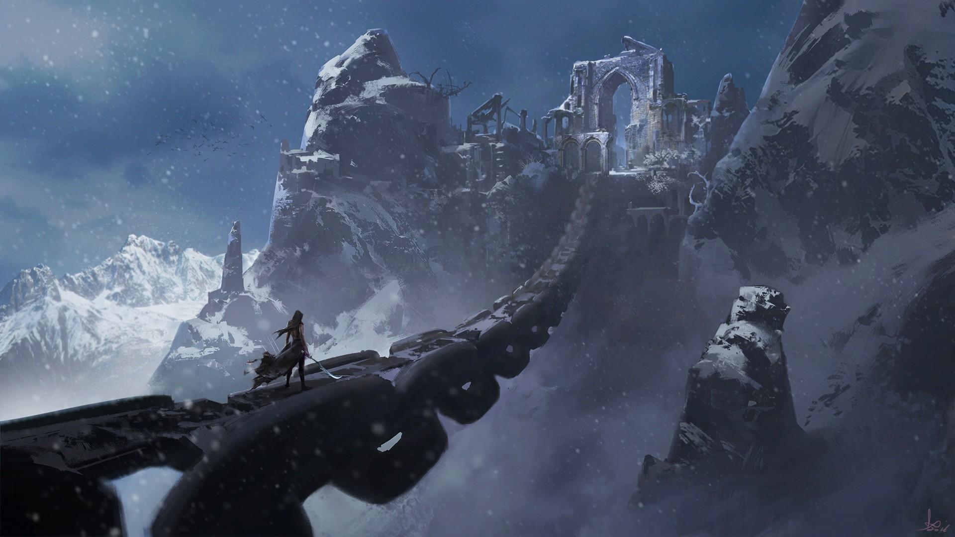 1920x1079 fantasy art, Chains, Sword, Snow, Mountains Wallpaper HD / Desktop and Mobile Background