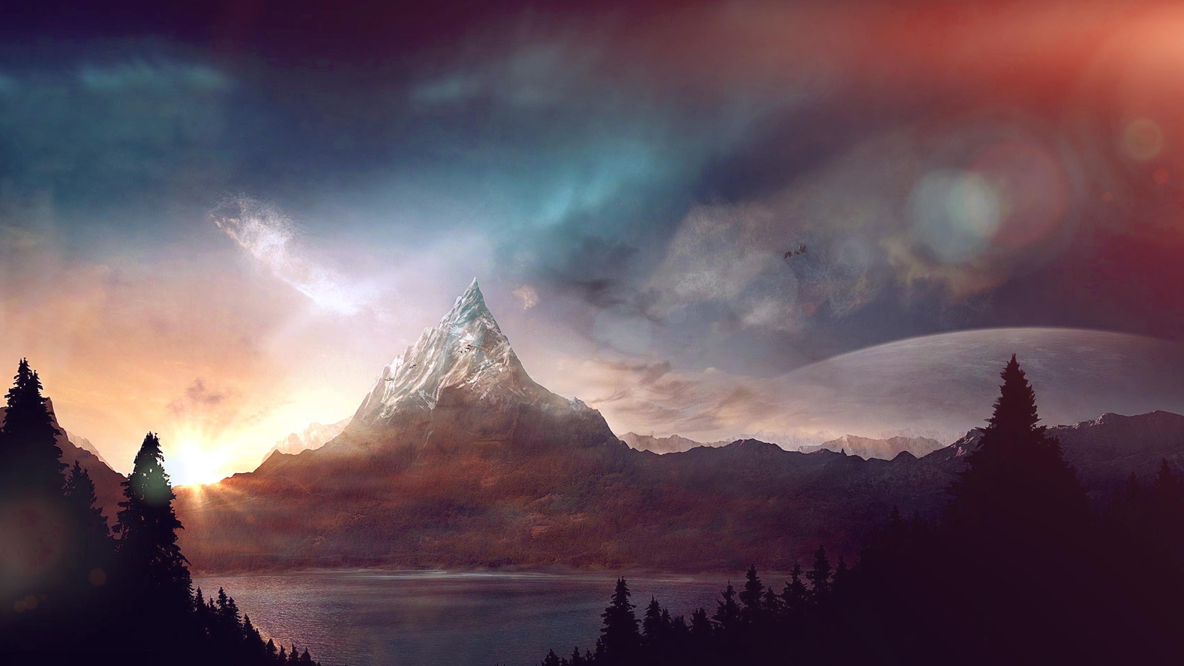 3840x2160 Mountain Nature Fantasy Art Illustration Flare Wallpaper