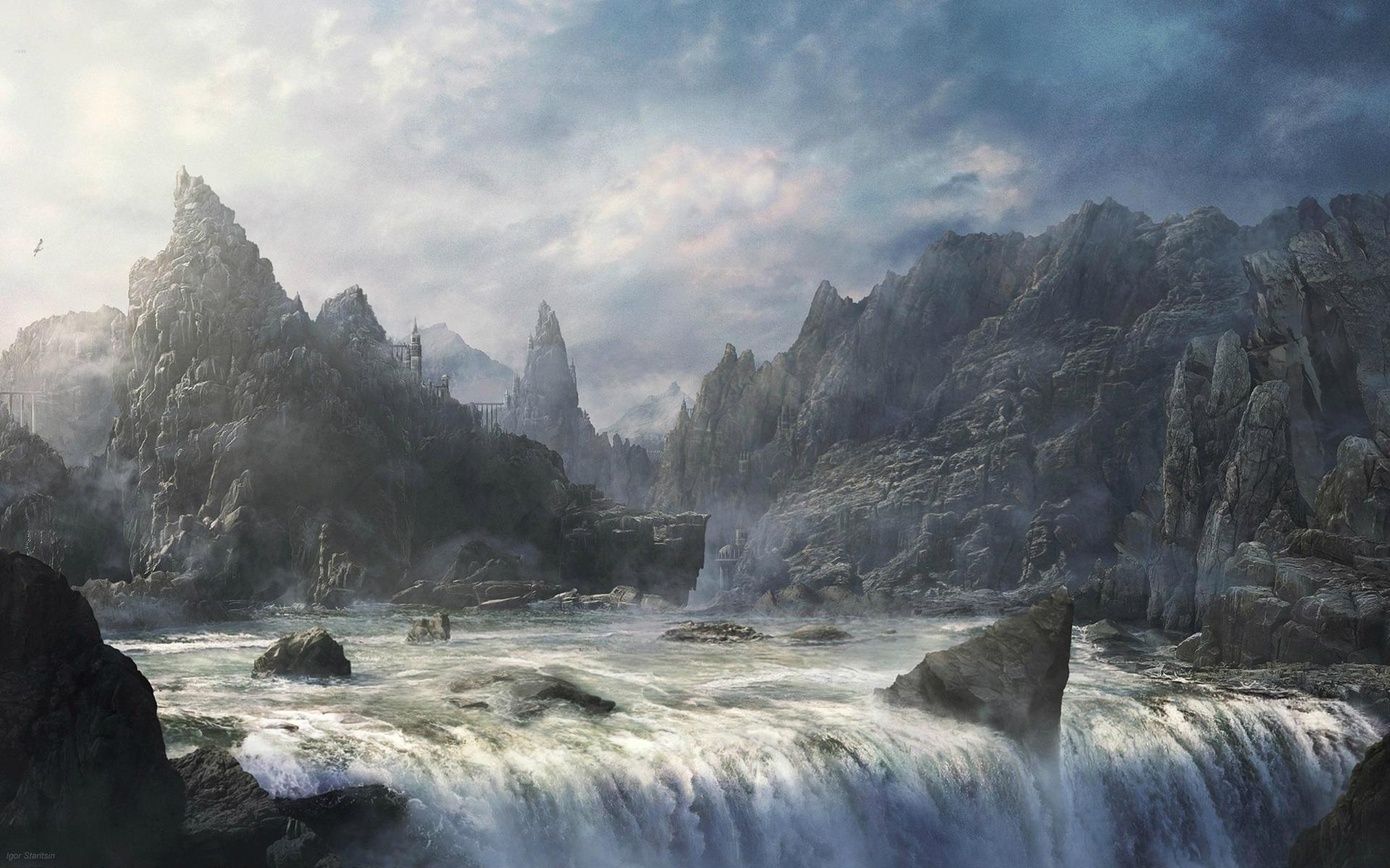 1920x1200 art, Paintings, Fantasy, Landscapes, Mountains, Fog, Mist, Castle Wallpaper HD / Desktop and Mobile Background