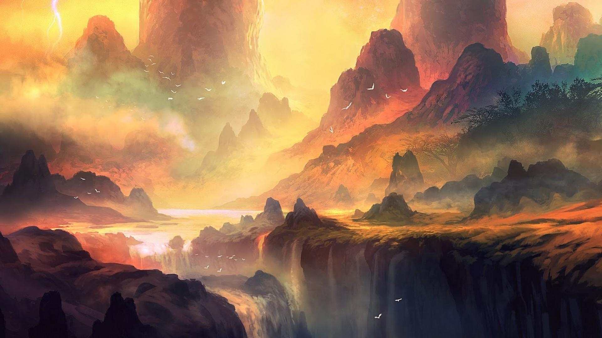 1920x1080 artwork, Fantasy Art, Waterfall, Mountain, Landscape, Forest, Colorful, Sunlight Wallpaper HD / Desktop and Mobile Background