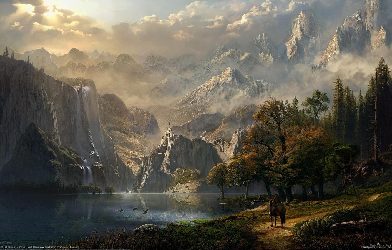 1332x850 Wallpaper forest, girl, mountains, lake, castle, horse, elf, waterfall, rider, fantasy, art, fantasy, CG wallpaper, Idyll's fall, Sarel Theron image for desktop, section фантастика