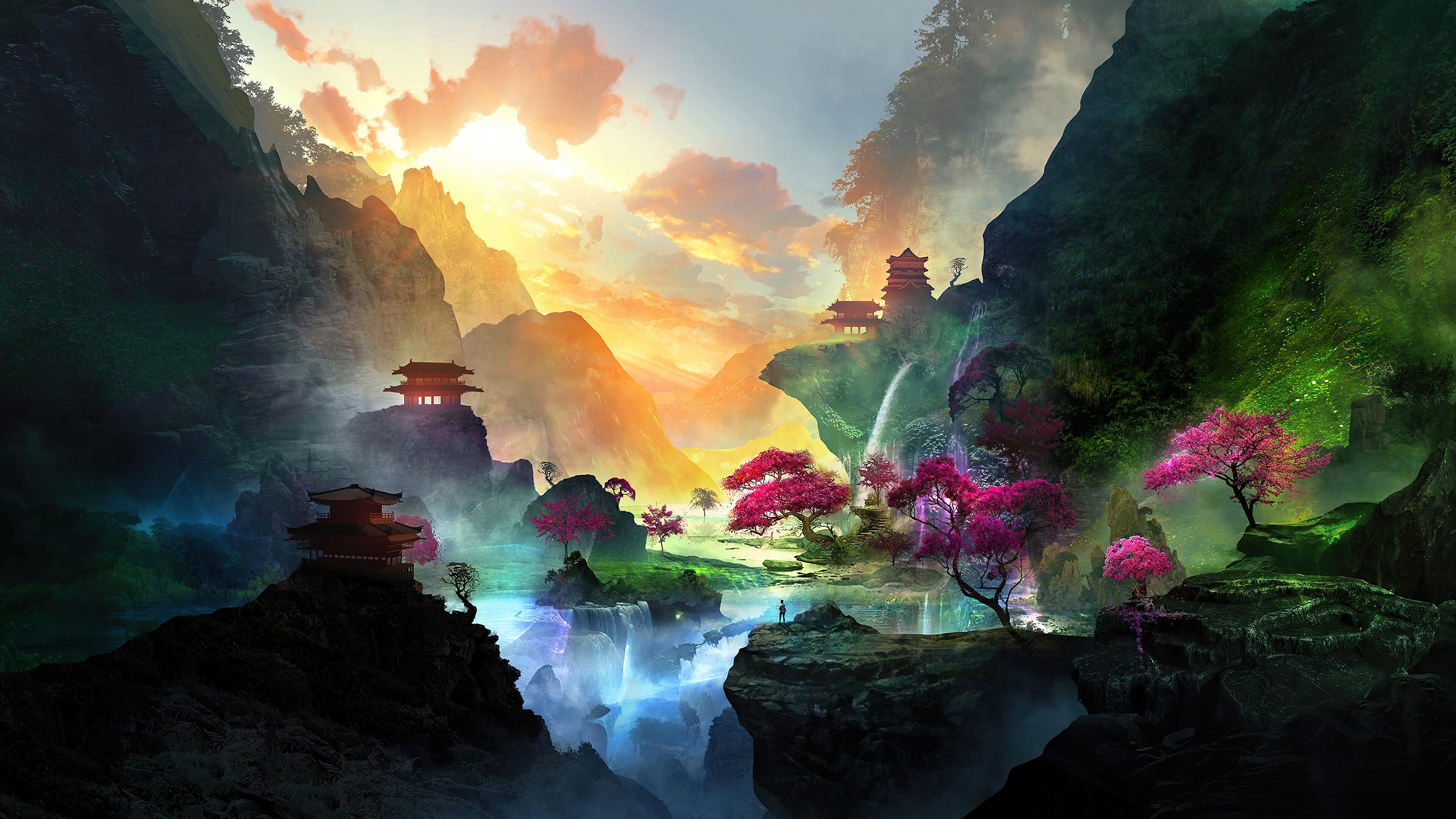 3840x2160 wallpaper, fantasy, forest, mountain, digital art, 4k, HD Gallery HD Wallpaper