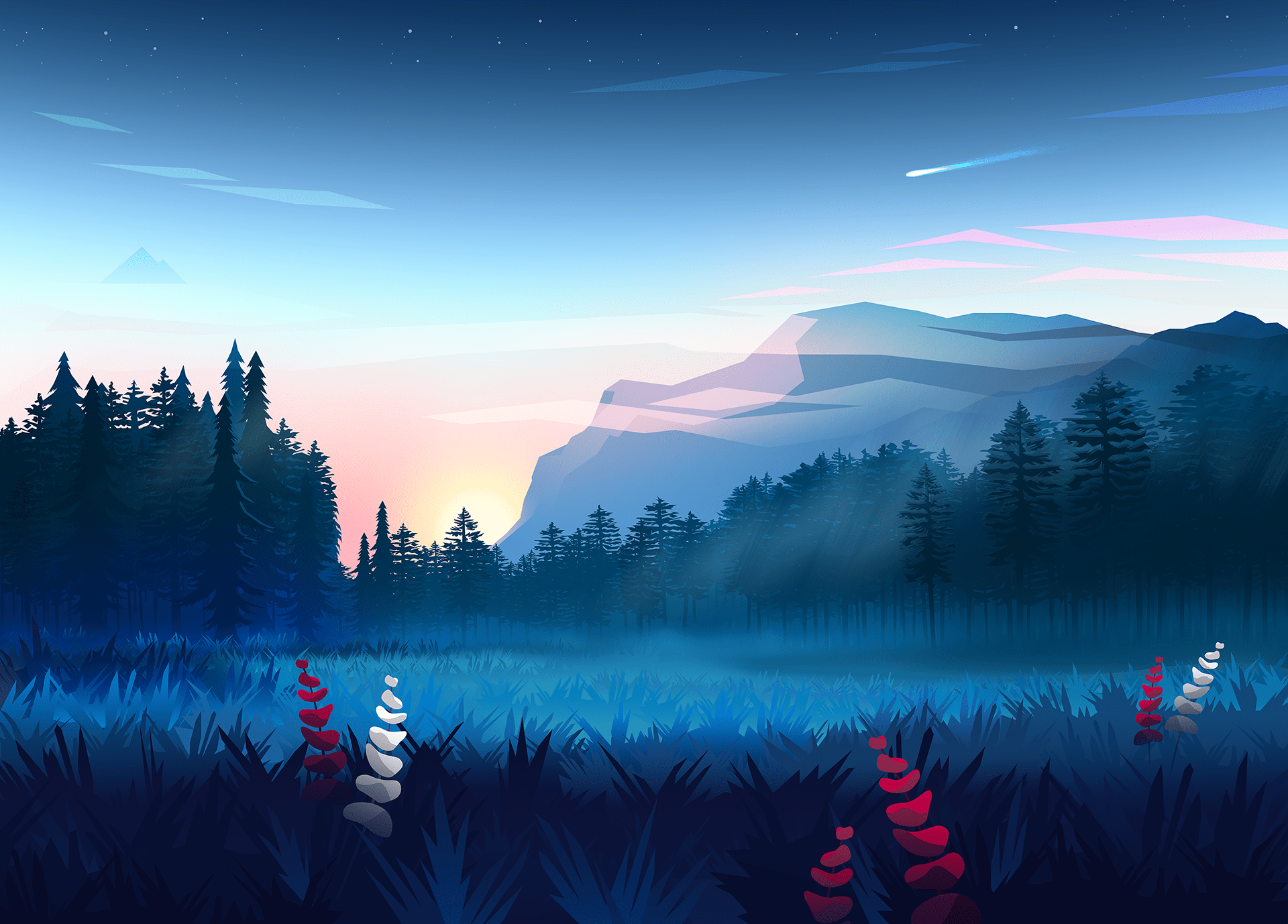 1920x1378 Wallpaper / nature, byrotek, fantasy art, colorful, trees, wood, mountains, forest, digital art, sunset, blue free download