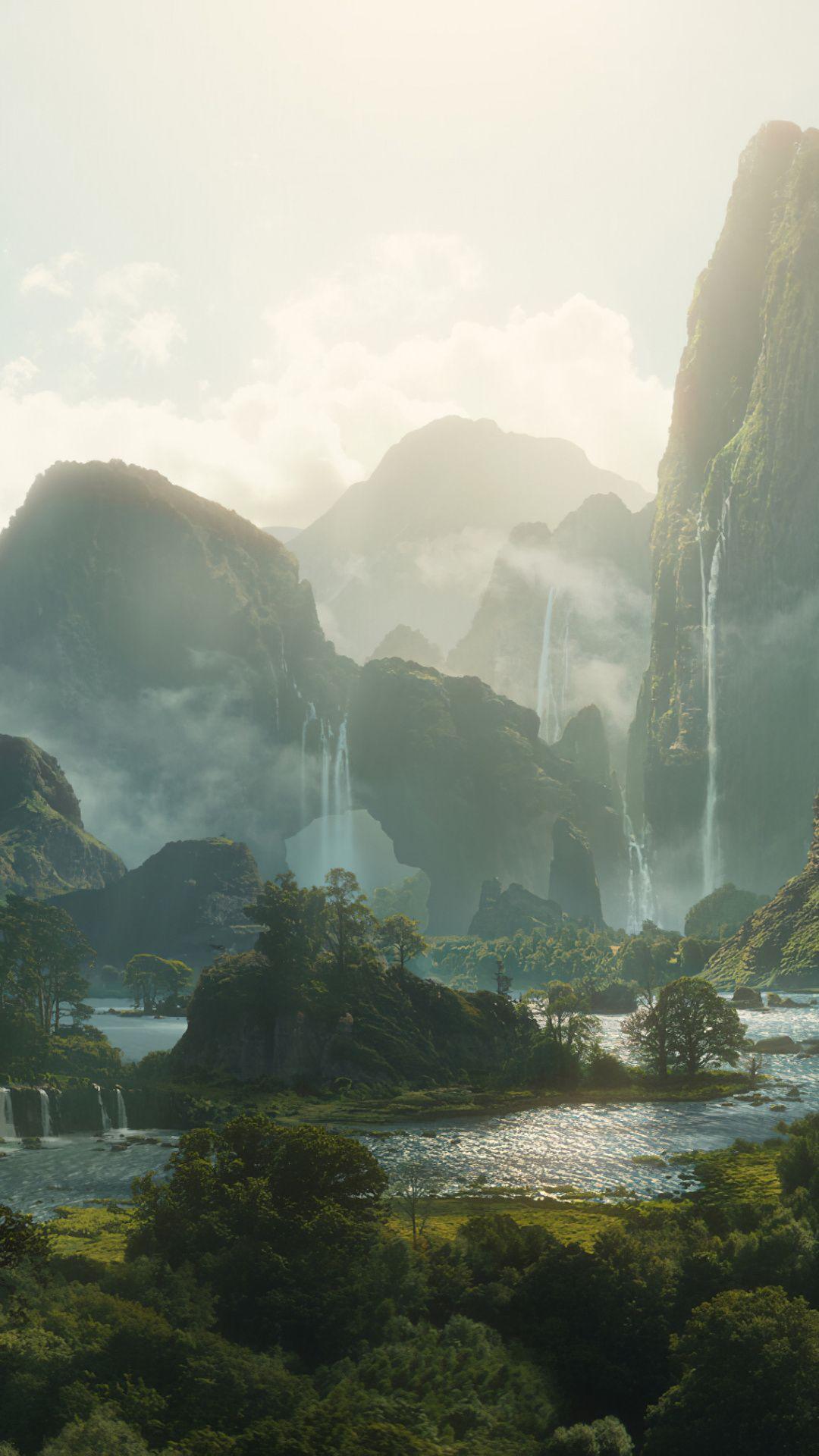 1080x1920 Mountains, waterfall, lake, forest, fantasy, art wallpaper. Fantasy art landscapes, Fantasy landscape, Fantasy forest