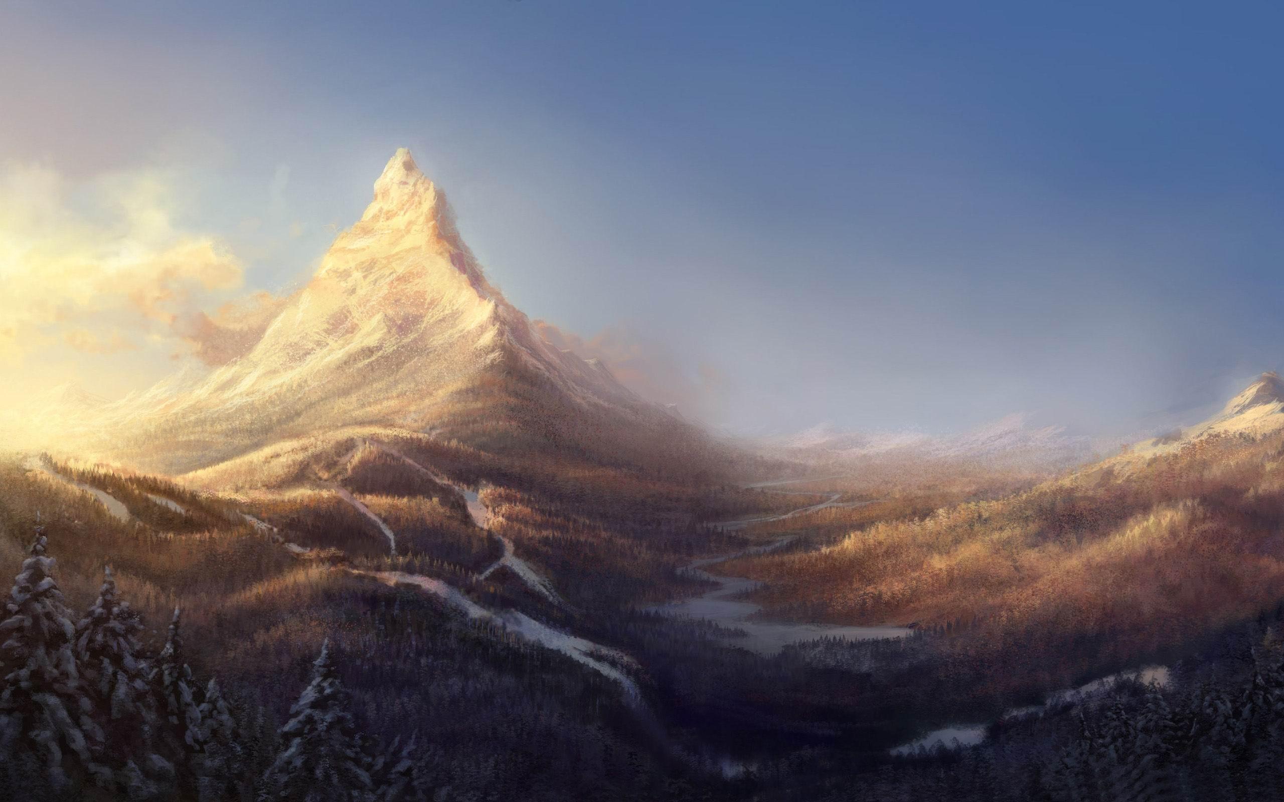 2560x1600 Winter Mountain Painting World Of Fantasy Art Design HD Wallpaper
