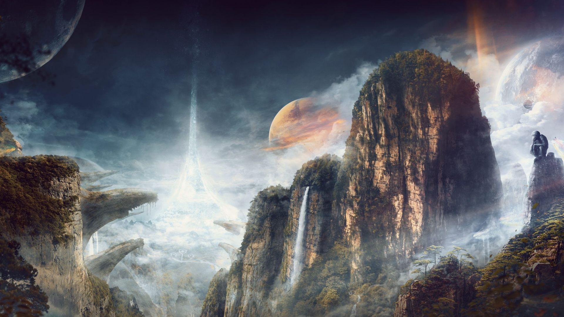1920x1080 Desktop Wallpaper Fantasy, Waterfall, Nature, Mountains, HD Image, Picture, Background, A28440