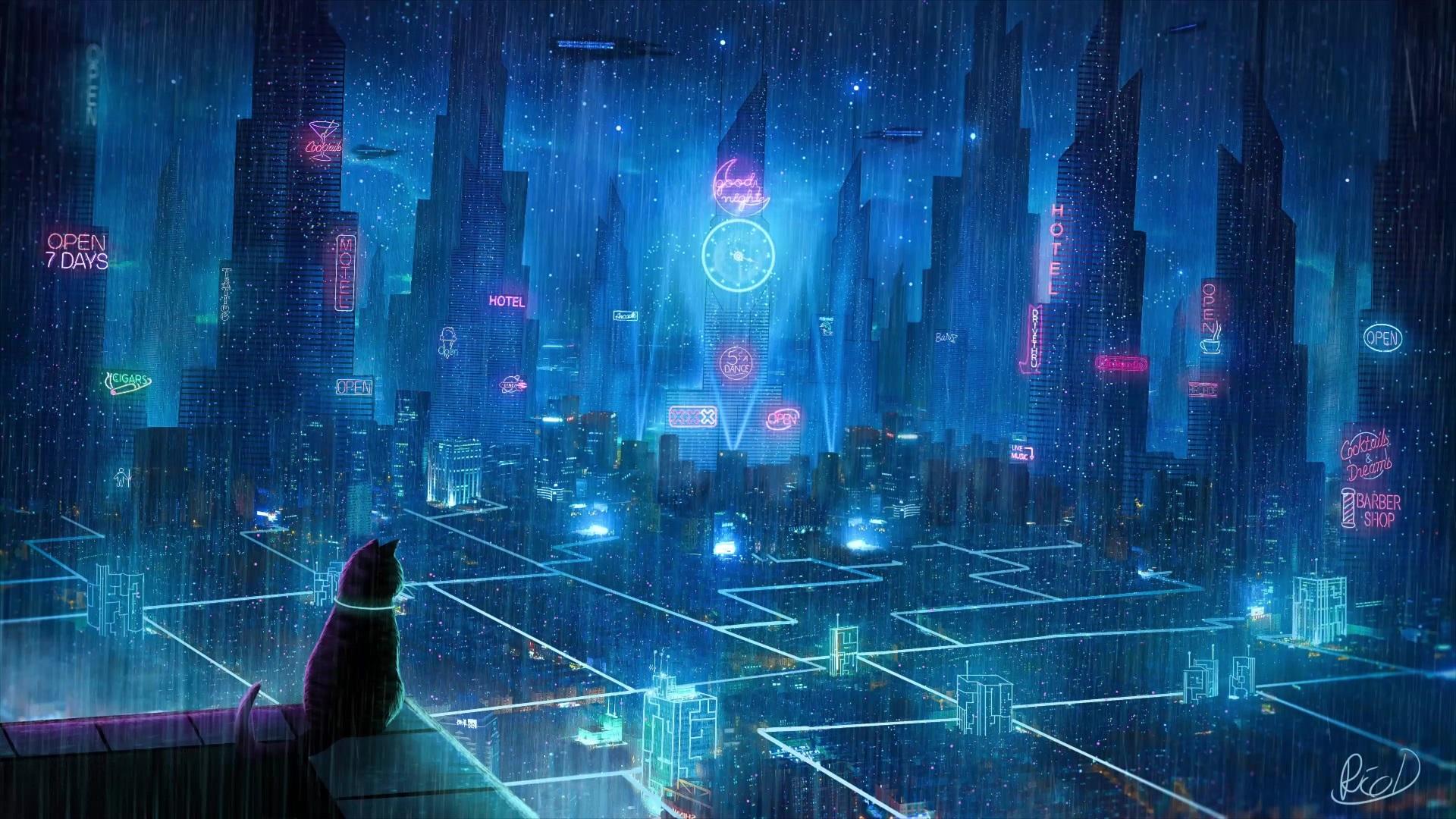 1920x1080 Cat Looking At Cyberpunk City In The Rain Live Wallpaper