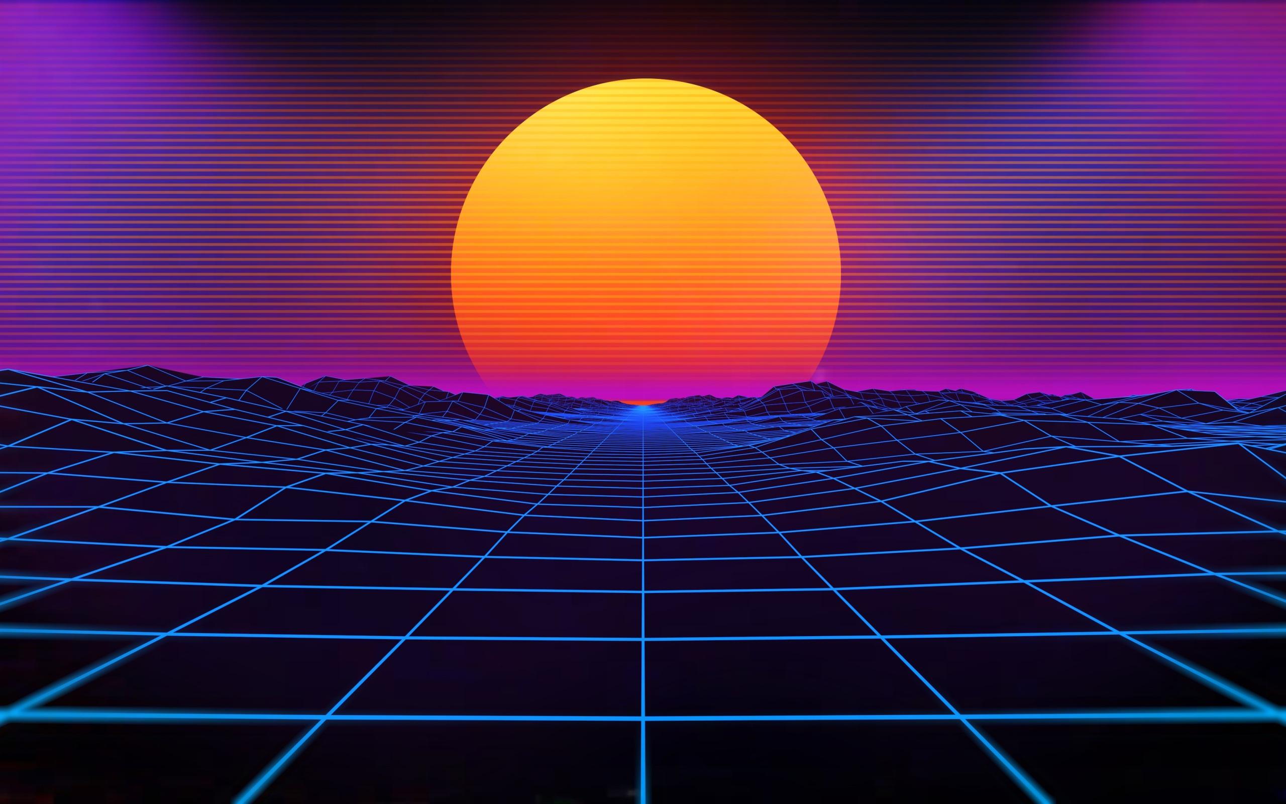 2560x1600 Wallpaper 4k Cyberpunk Sunset Grid Mountains Sun Dark Design 4k Wallpaper