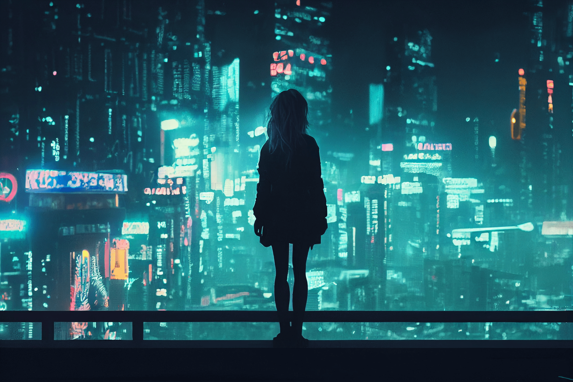 2304x1536 Cyberpunk City Women Silhouette Lights Futuristic Wallpaper:2304x1536