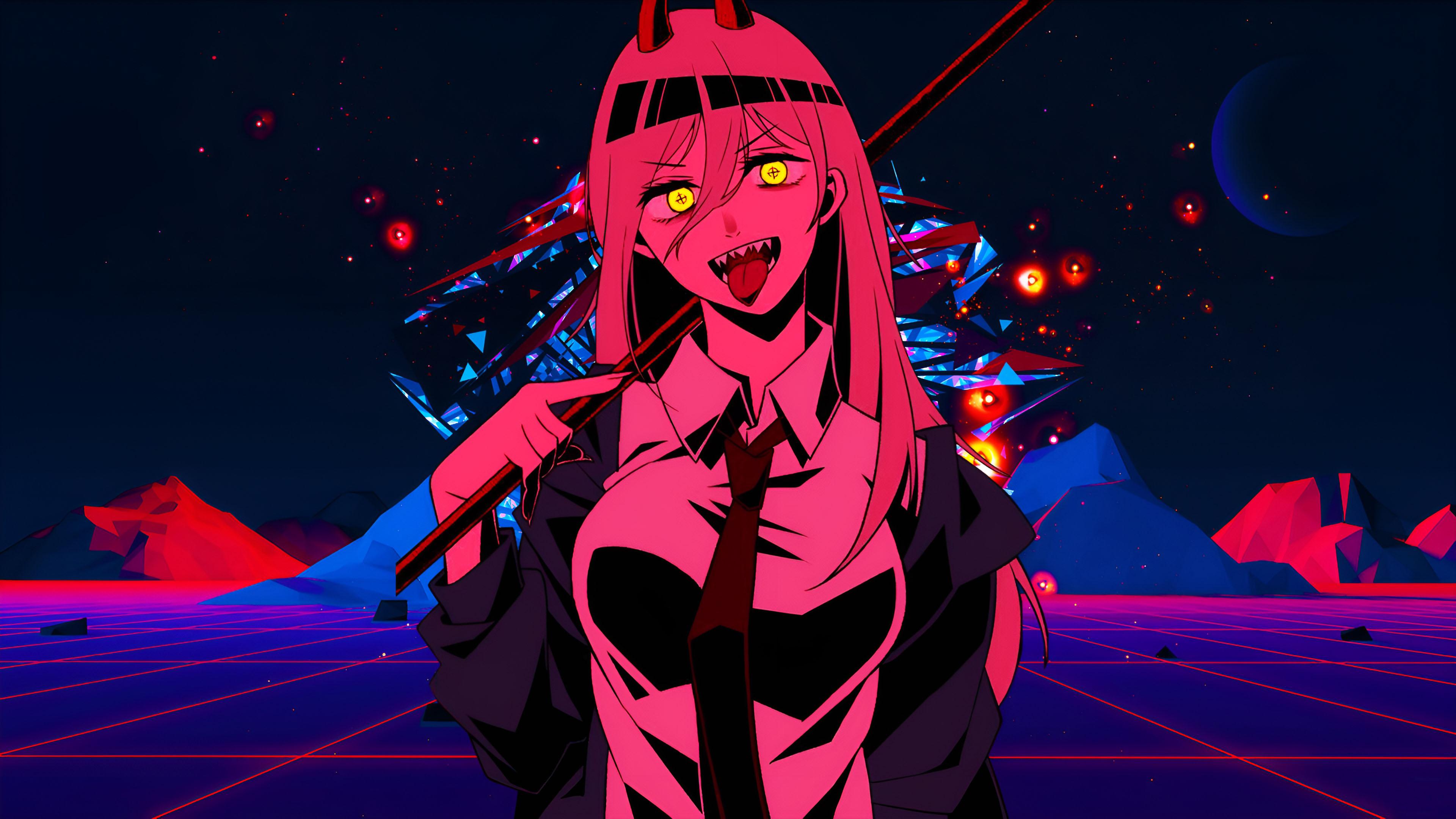 3840x2160 Chainsaw Man Power Chainsaw Man Vaporwave Anime Girls Tongue Out Wallpaper:3840x2160