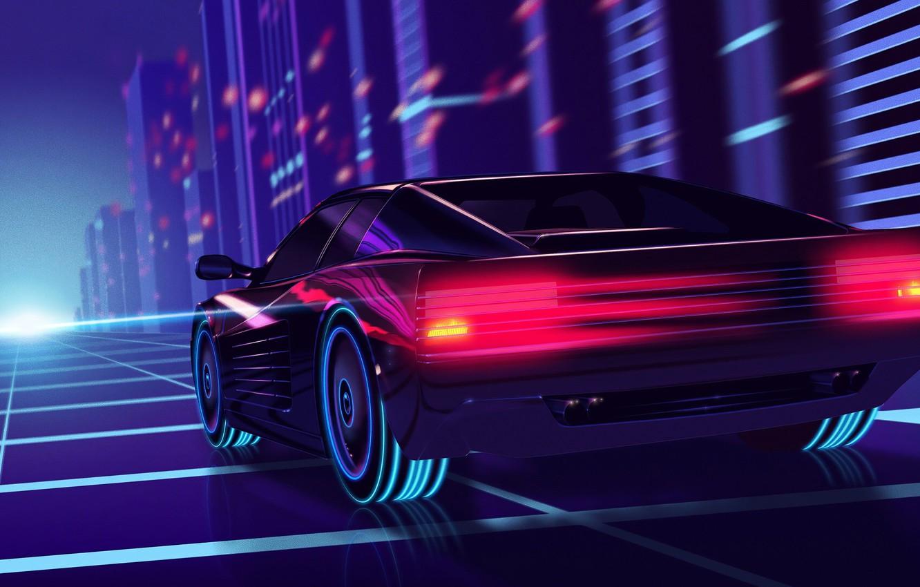 1332x850 Wallpaper road, the city, lights, lights, speed, wheel, car, retro, racing, retro wave image for desktop, section арт