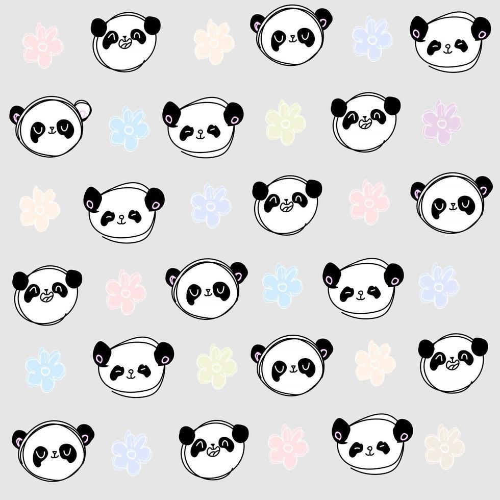 980x980 Cute pastel grey pattern with line doodle panda with multicolored flowers Seamless background Textiles for children Minimalism paper scrapbook for kids